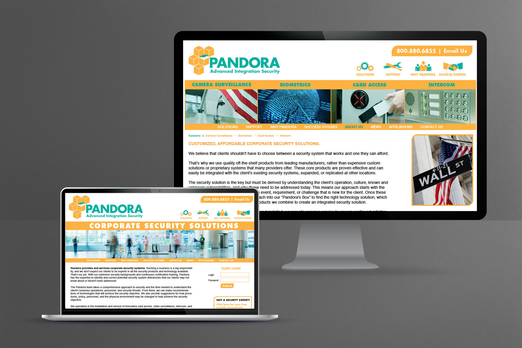 Mockup of the Pandora website homepage on a laptop and services page on a monitor